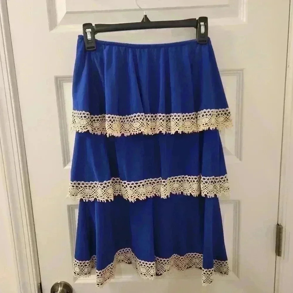 Judith‎ March Tiered Midi Skirt Size S Stretchy Blue White #R423